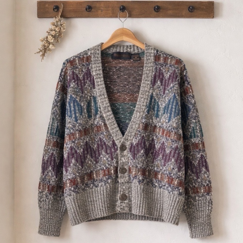 Vintage‎ Geometric Knit Cardigan Sweater Medium Grandpacore Cosby Grunge Cobain